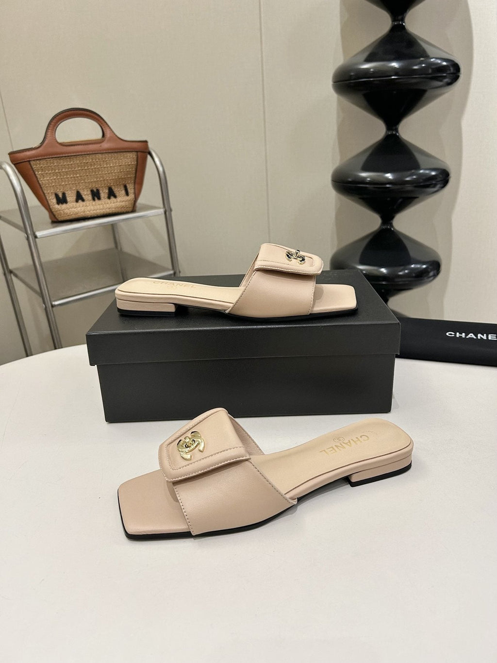 Chanel Square-Toe Leather Slide Sandals — side