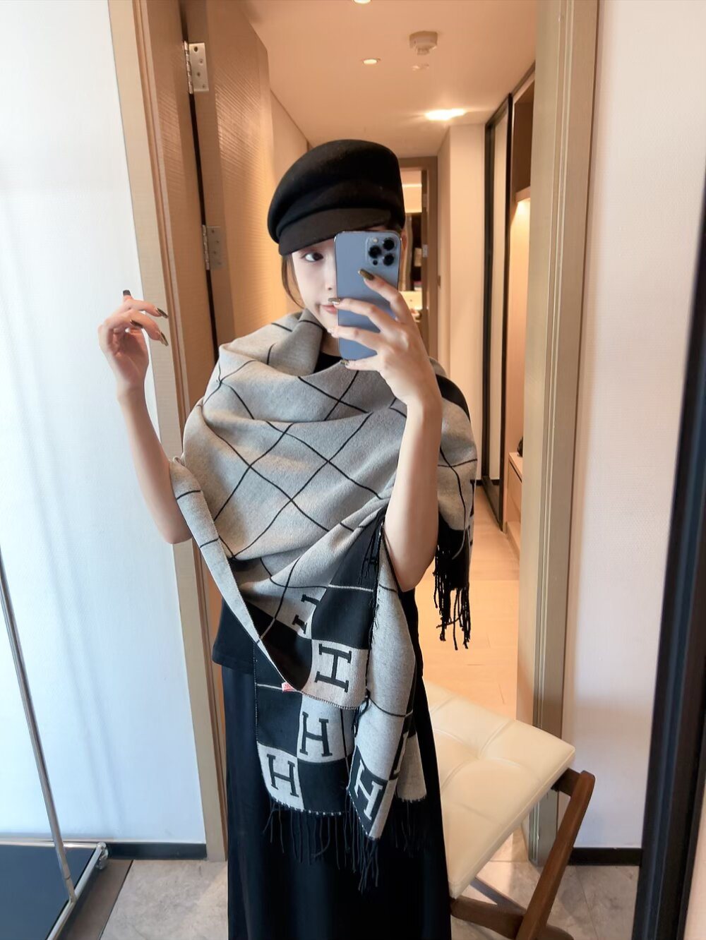 Fringed Grid Motif Scarf — model