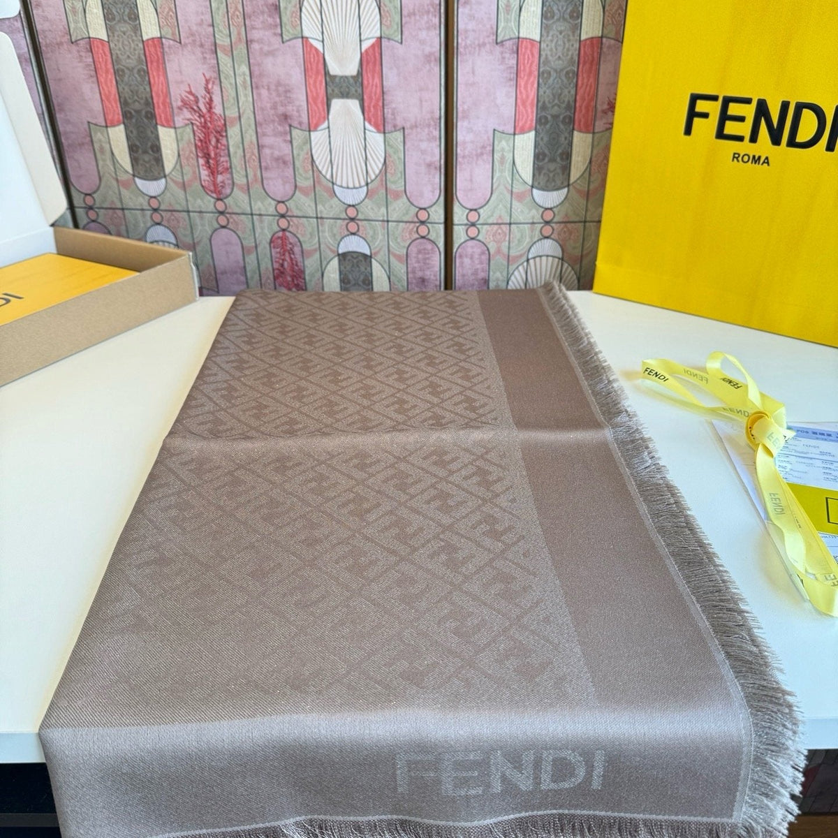 FENDI Fringed Geometric Monogram Scarf — front
