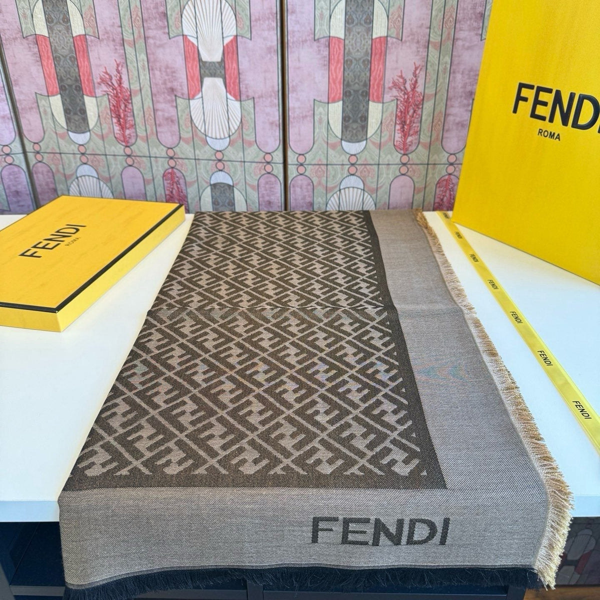 FENDI Fringed Geometric Monogram Scarf — front