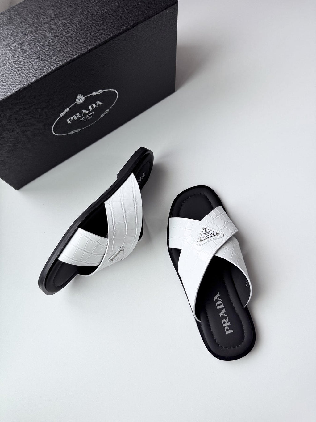 Prada Croc-Embossed Cross-Strap Slide Sandals — side