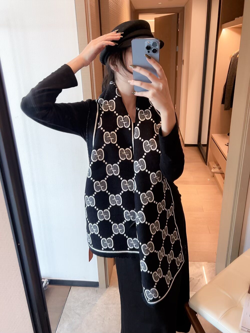 Gucci Fringed Motif Scarf — model