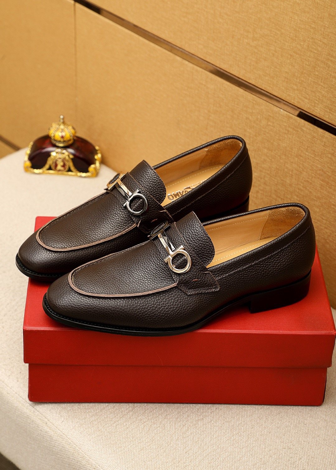 Ferragamo Pebble Leather Buckle Loafers — front