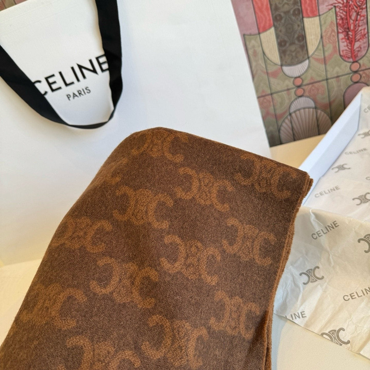 Celine Brown Patterned Fringed Scarf — detail