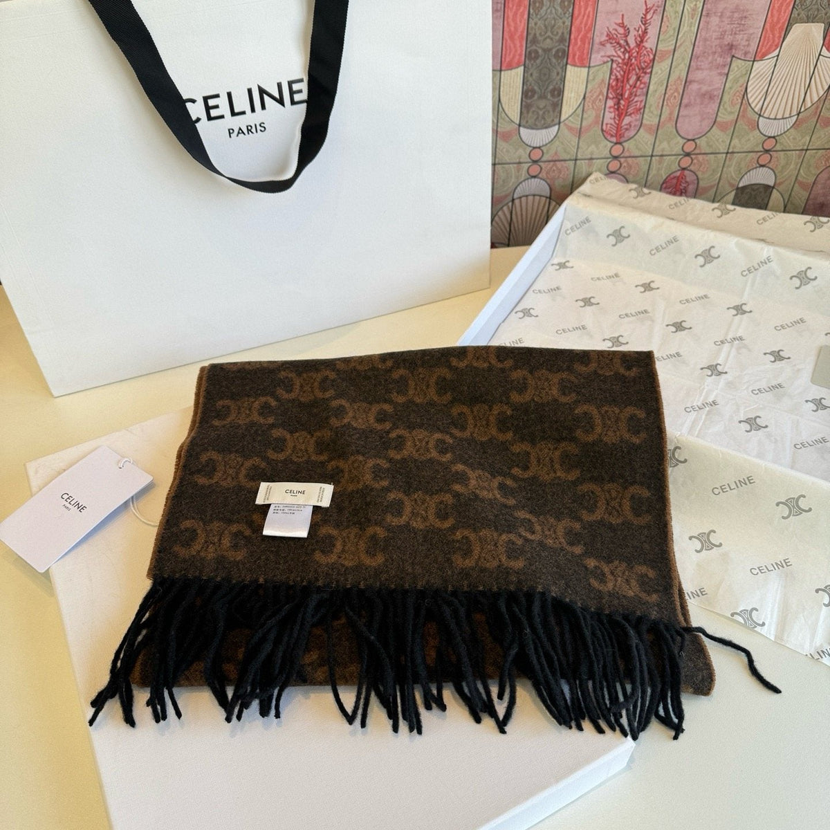 Celine Brown Patterned Fringed Scarf — front