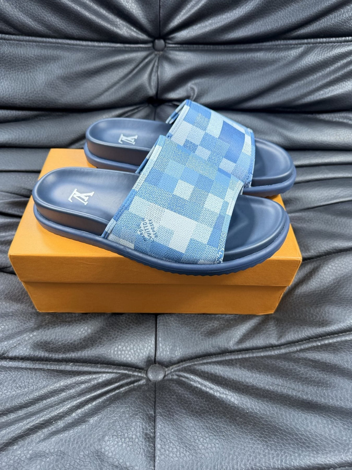 Louis Vuitton Slate Blue Checkered Slide Sandals — front