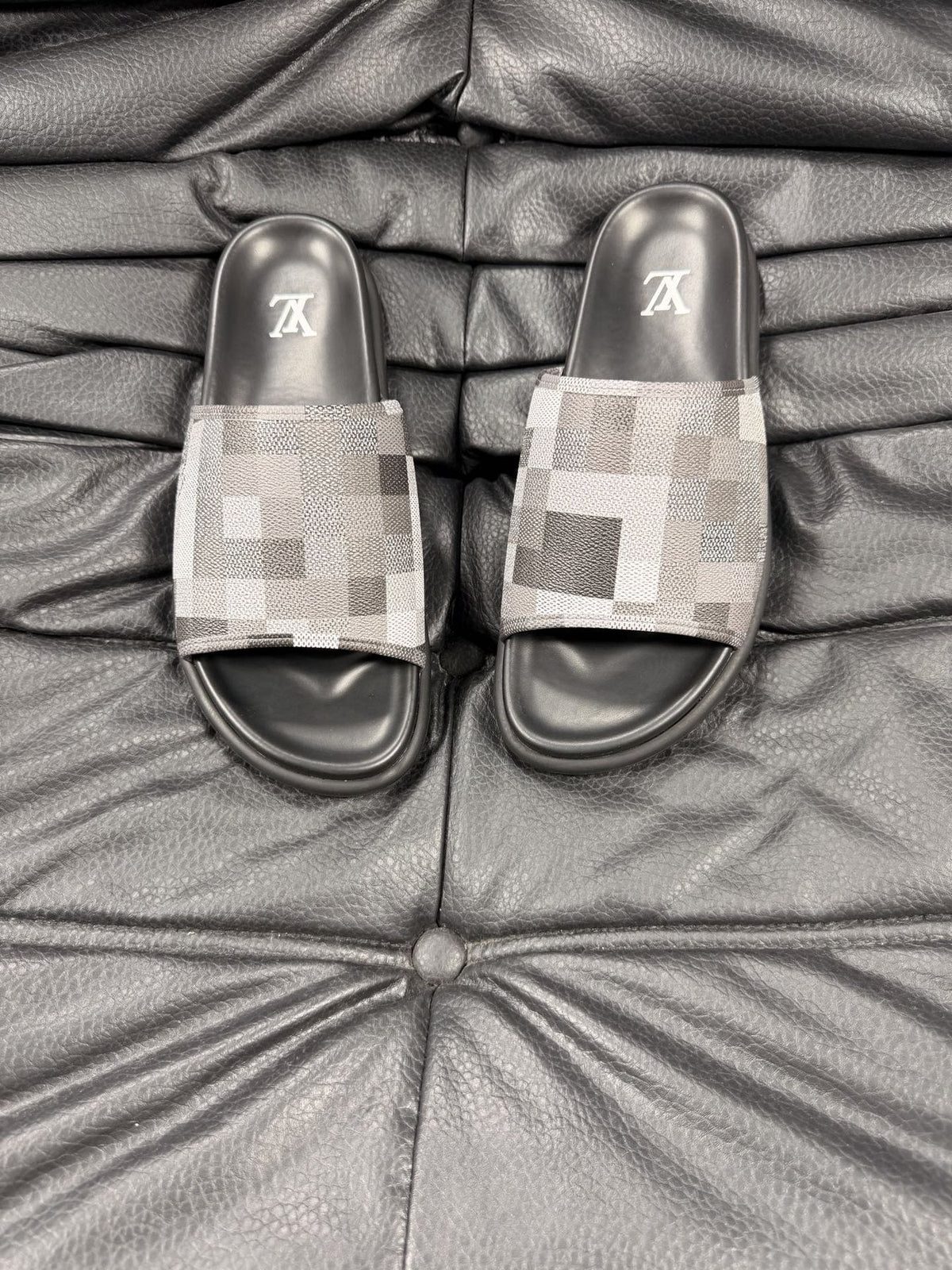 Louis Vuitton Slate Blue Checkered Slide Sandals — front
