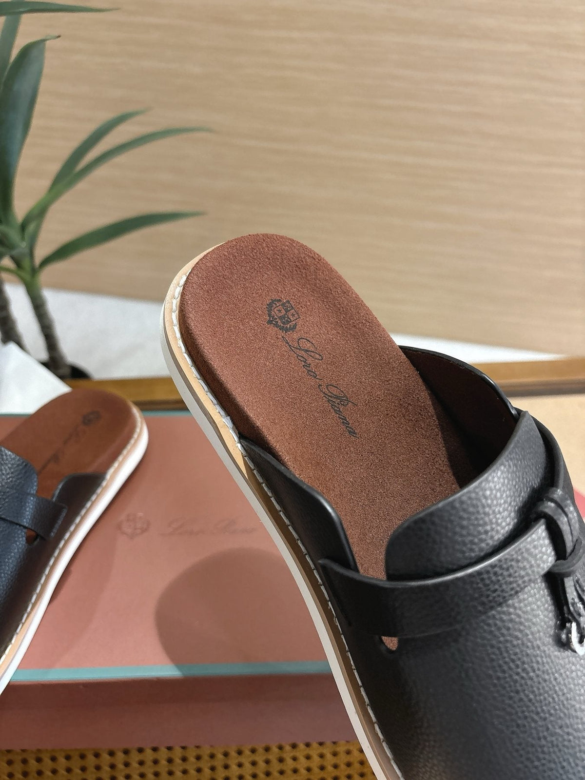 Loro Piana Leather Slide Sandals — label