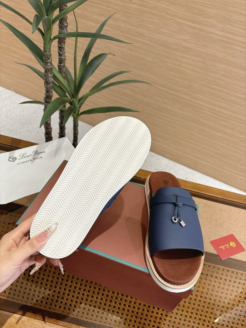 Loro Piana Leather Slide Sandals — label