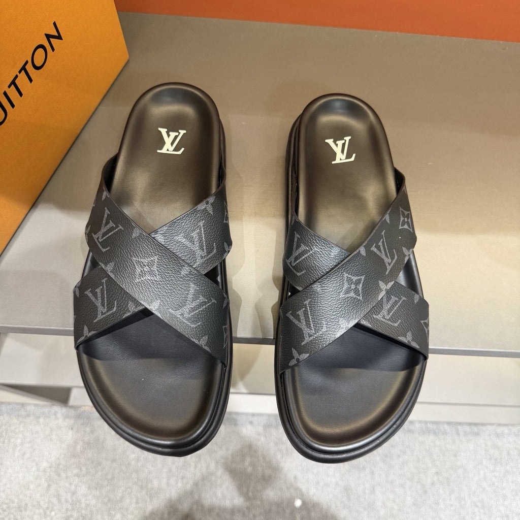 Louis Vuitton Light Gray Crossover Slide Sandals — front