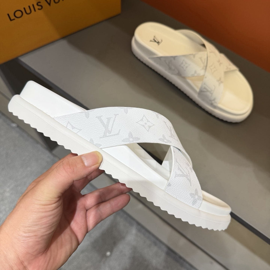 Louis Vuitton Light Gray Crossover Slide Sandals — model