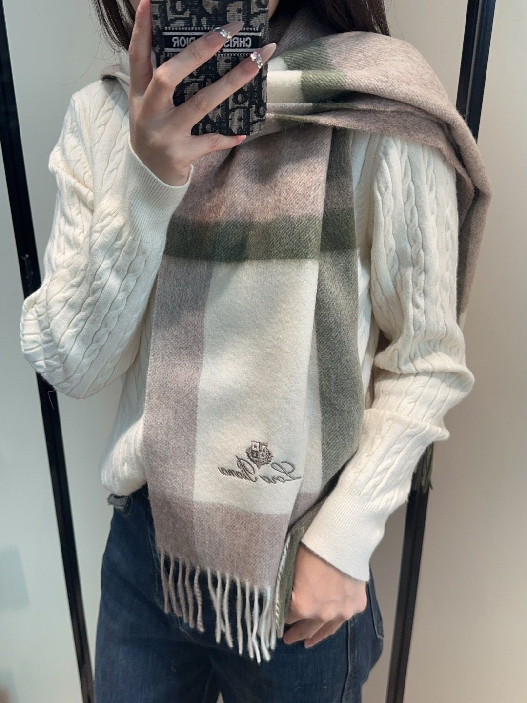Loro Piana Fringed Plaid Scarf — model