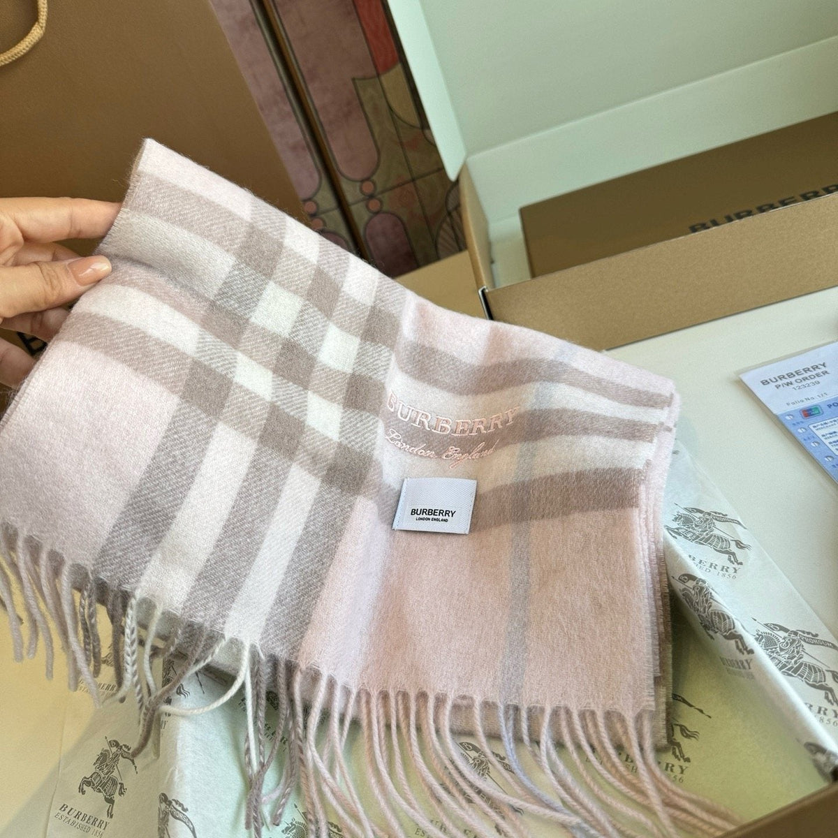 Burberry Blush Pink Plaid Fringed Scarf — front