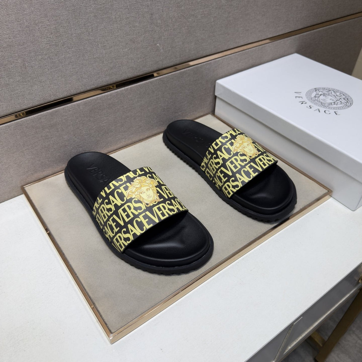 Versace Logo Print Slide Sandals — front