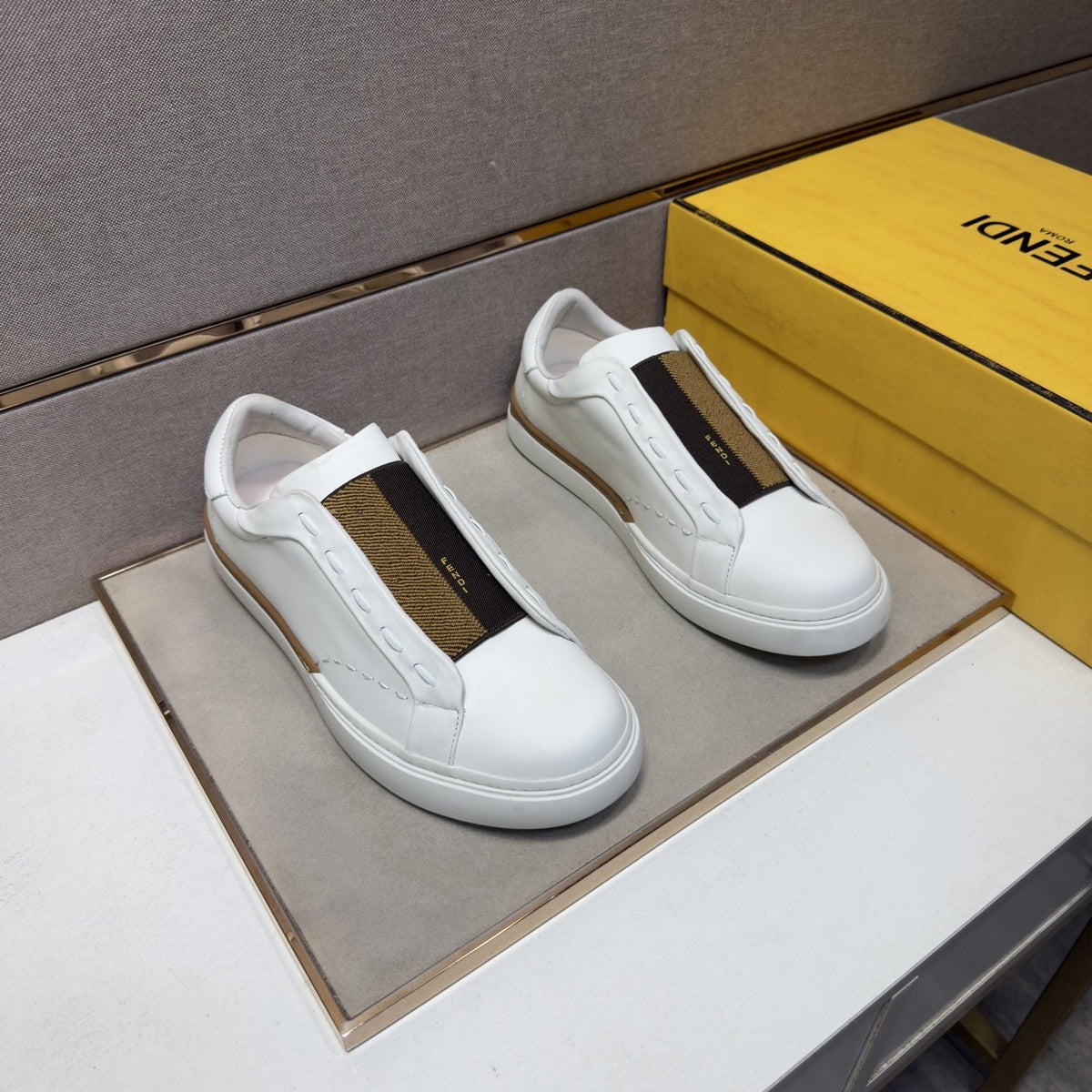 Fendi Brown-Gold Accent Slip-On Sneakers — front