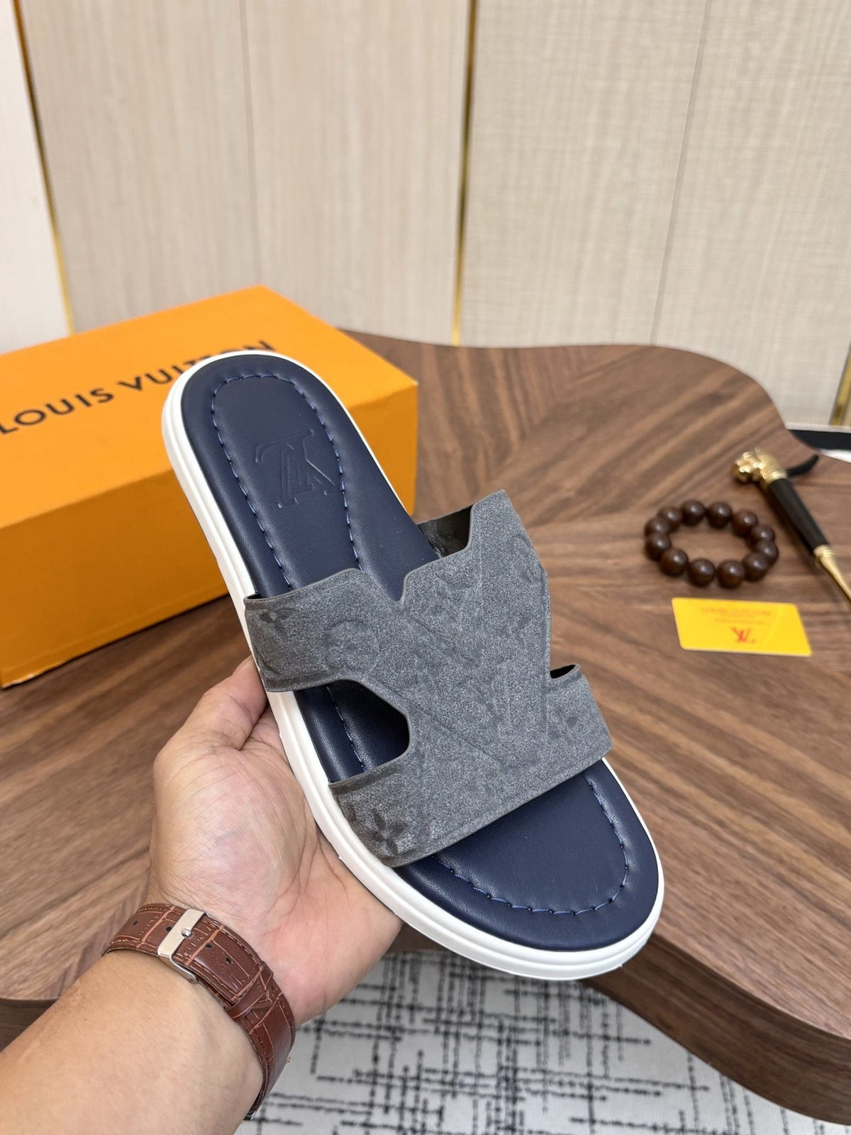 Louis Vuitton Embossed Navy Blue Slide Sandals — detail