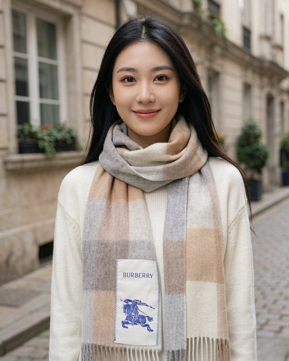 Burberry Yellow Brown Plaid Scarf — model
