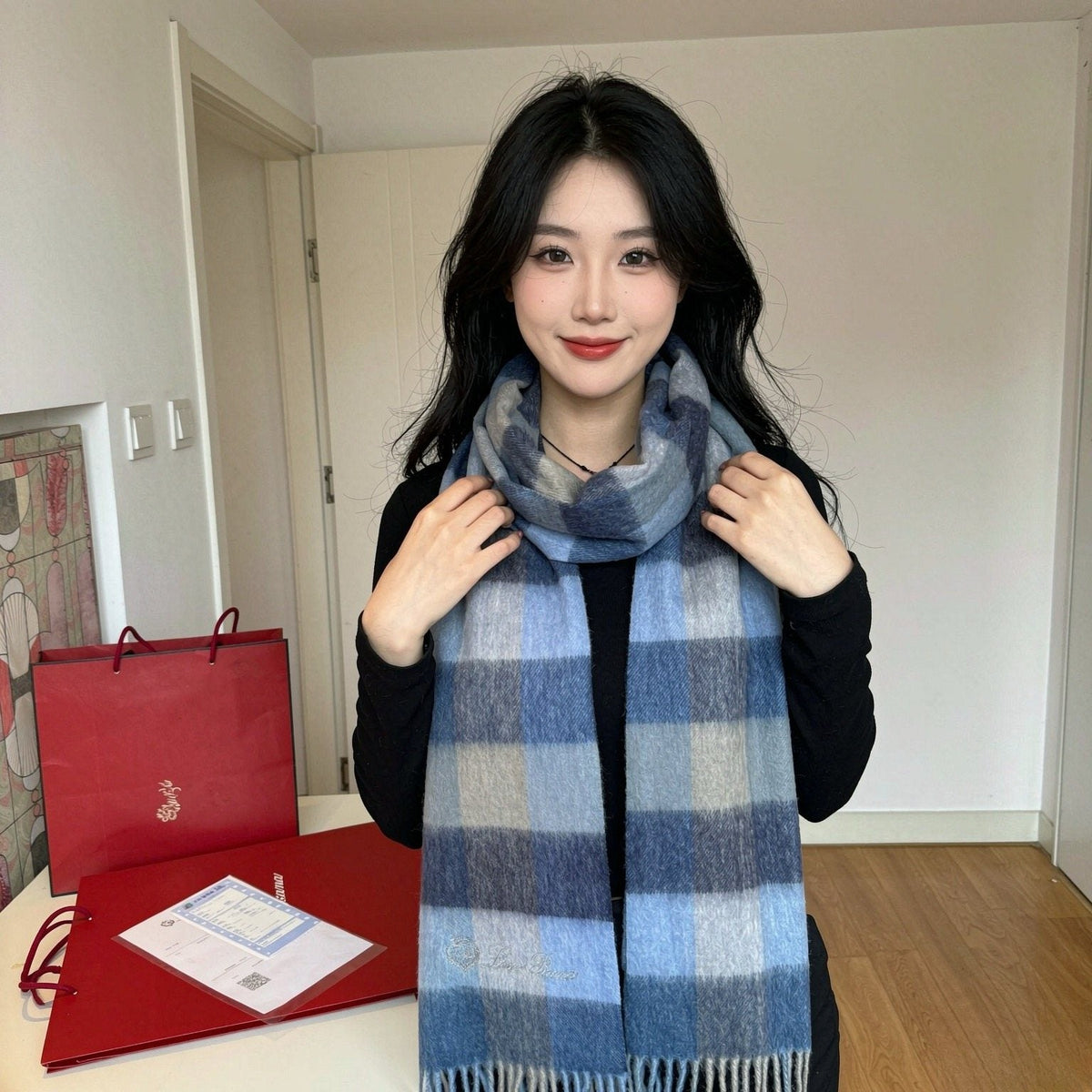 Loro Piana Plaid Fringe Scarf — model