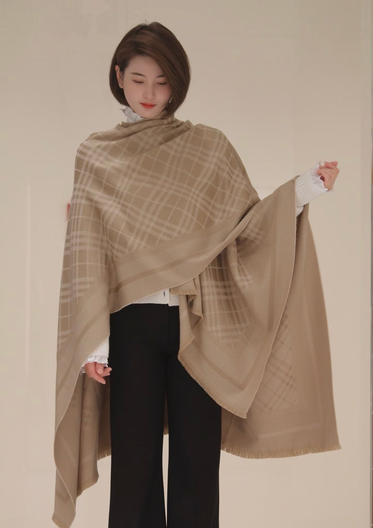Fringed Check-Inspired Shawl — hero
