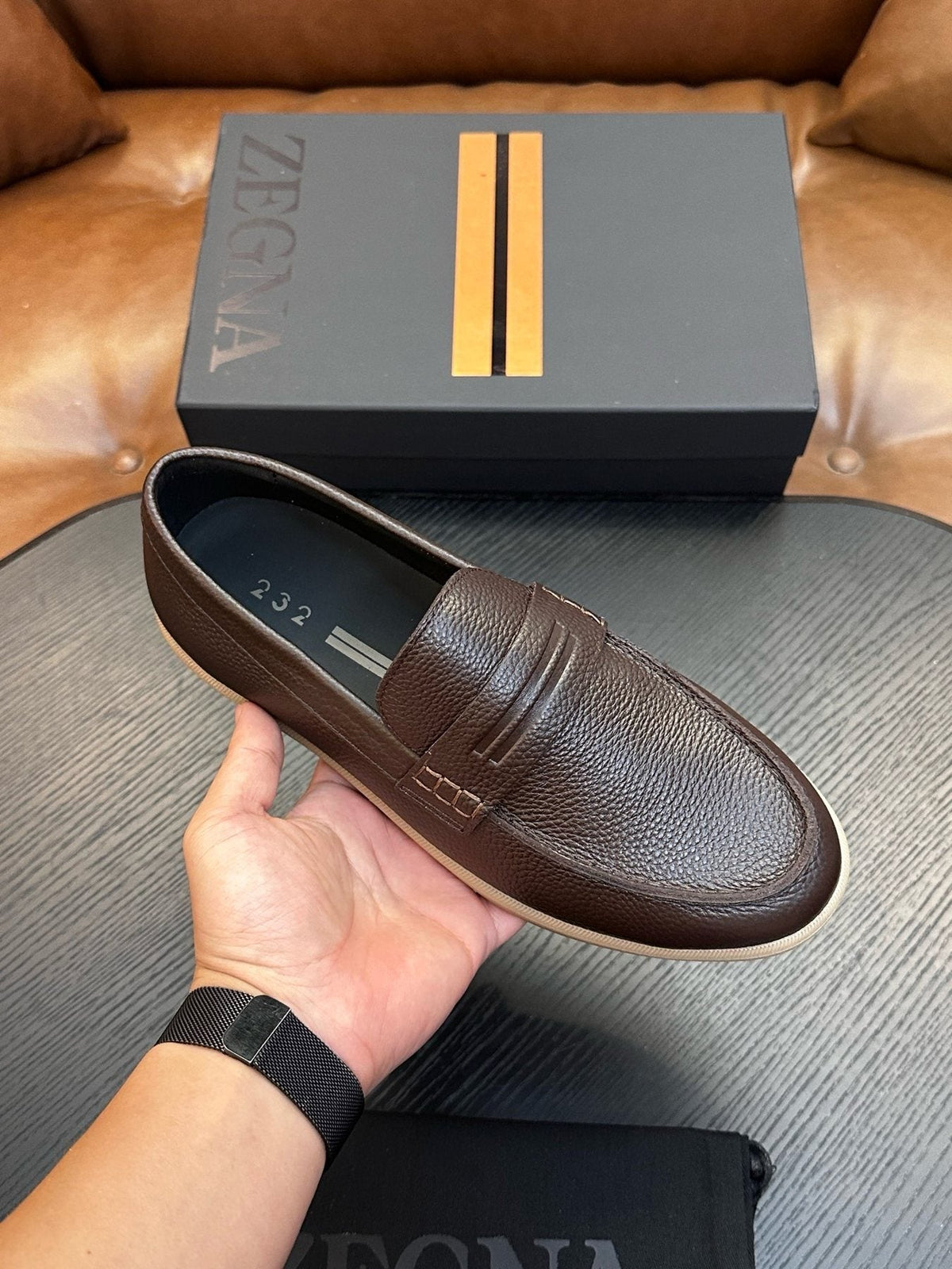 Zegna Textured Leather Strap Loafers — front