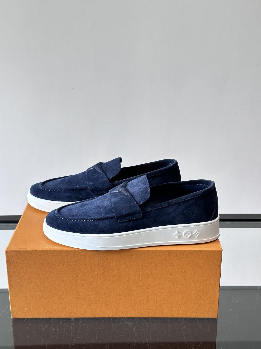 Louis Vuitton Navy Blue Suede Loafers — hero