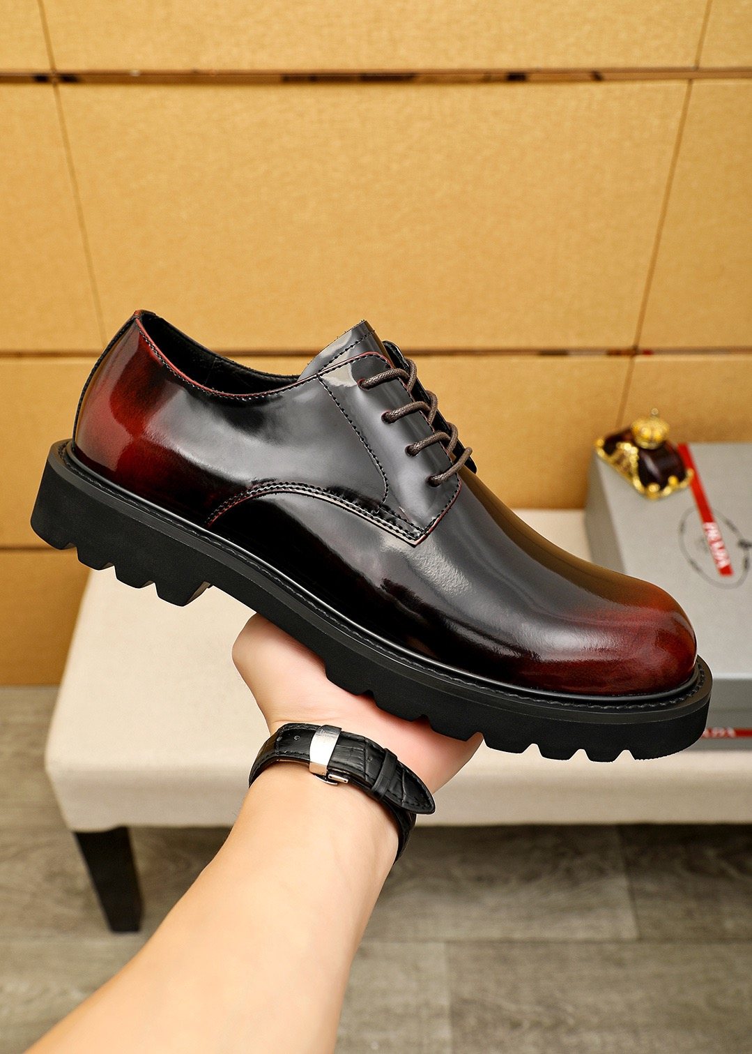 PRADA Glossy Lug Sole Derby Shoes — model