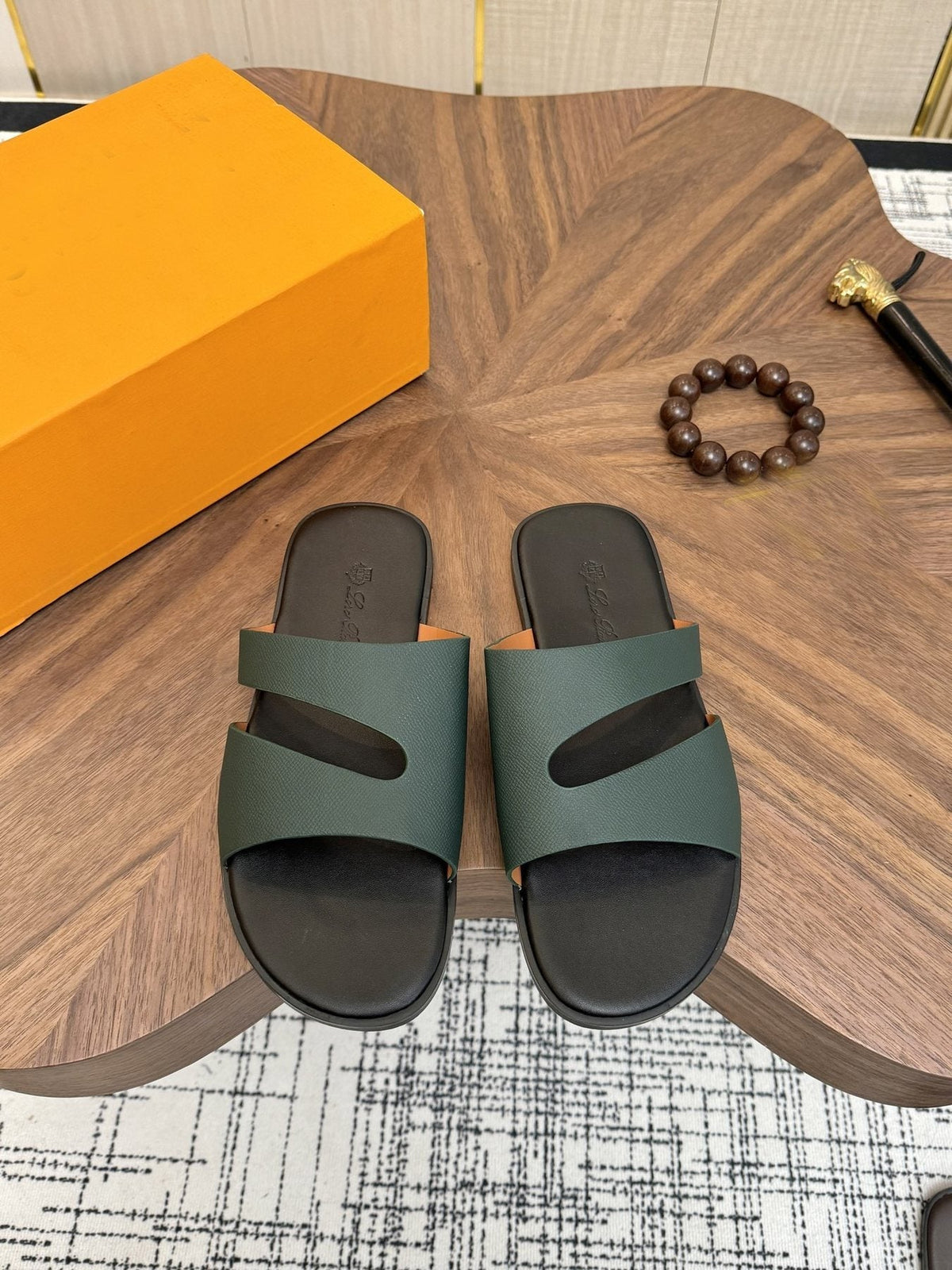 Loro Piana Dark Green Two-Strap Slide Sandals — front