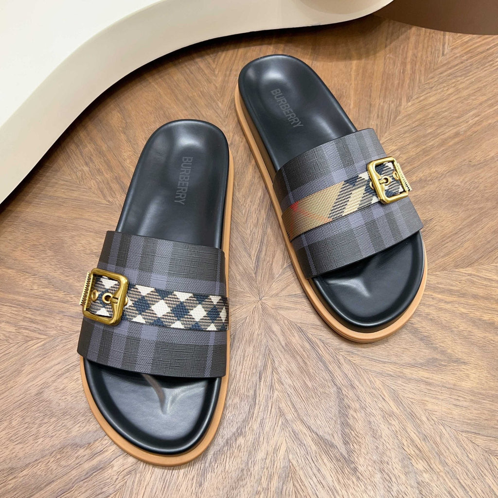 Plaid Buckle Slide Sandals — front