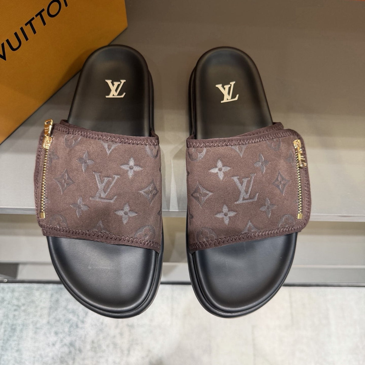 Louis Vuitton Monogram Zip Slide Sandals — front