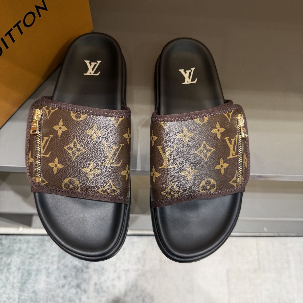 Louis Vuitton Monogram Zip Slide Sandals — front