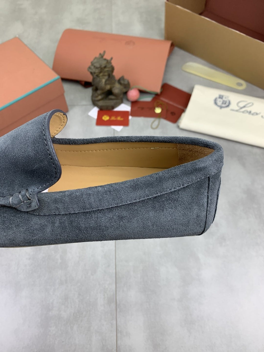 Loro Piana Blue-Gray Suede Driving Shoes — detail