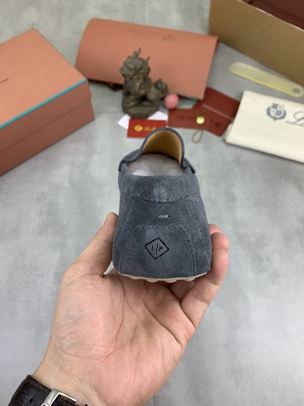 Loro Piana Blue-Gray Suede Driving Shoes — detail