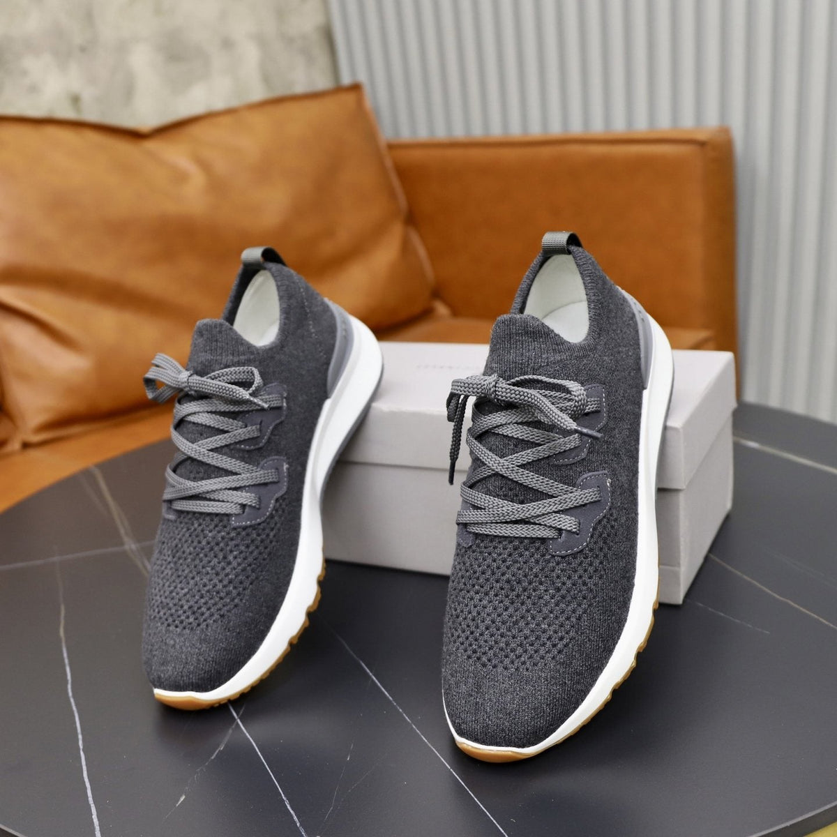 Brunello Cucinelli Dark Gray Knit Sneakers — front