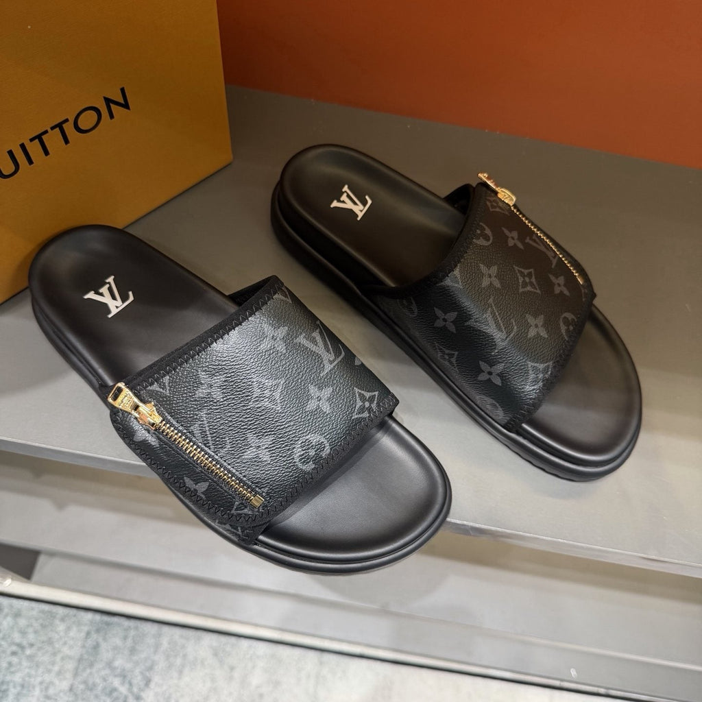 Louis Vuitton Black Monogram Strap Slide Sandals — front