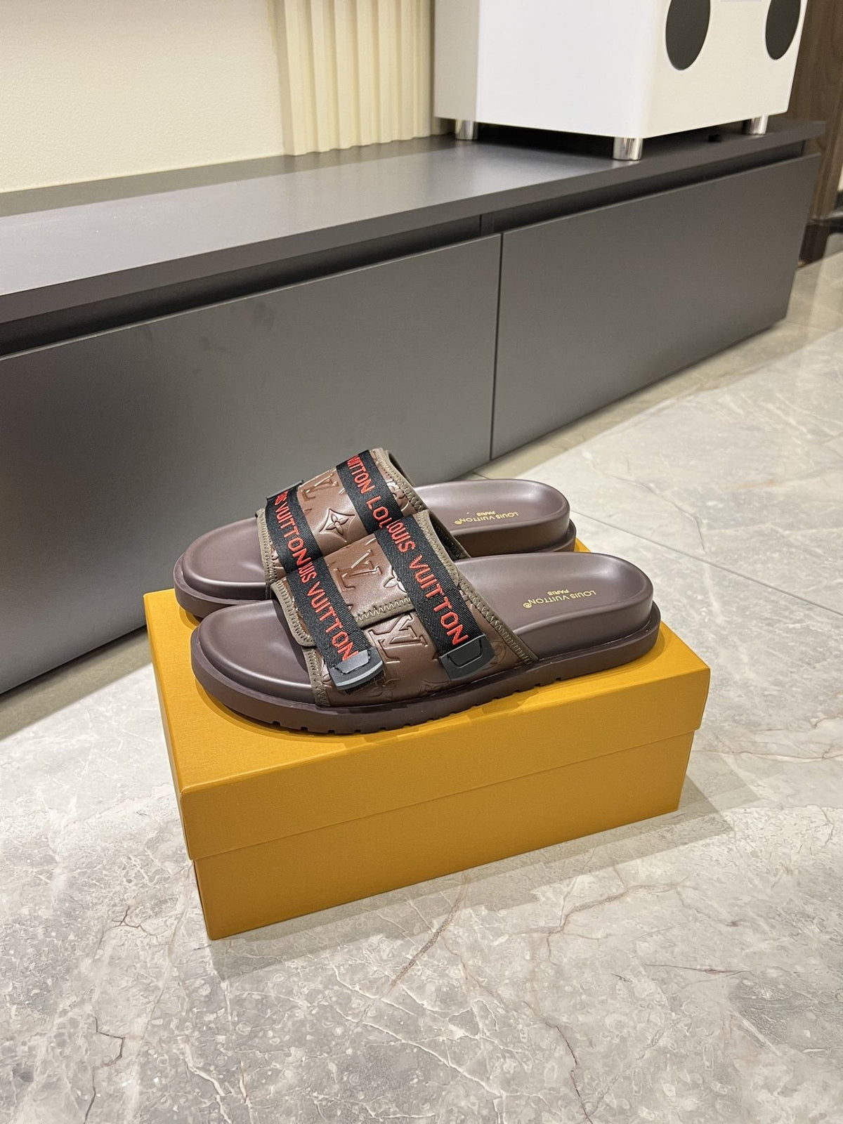 Louis Vuitton Wide Strap Slide Sandals — front