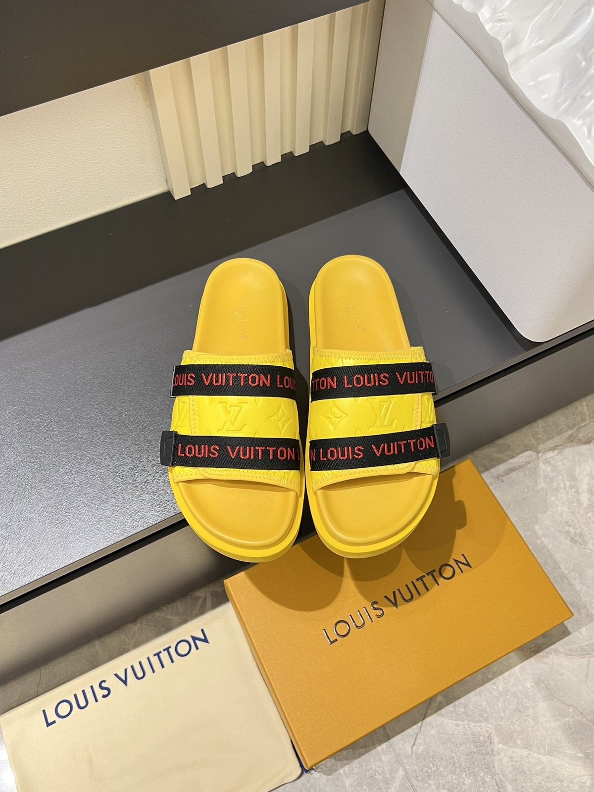 Louis Vuitton Wide Strap Slide Sandals — front