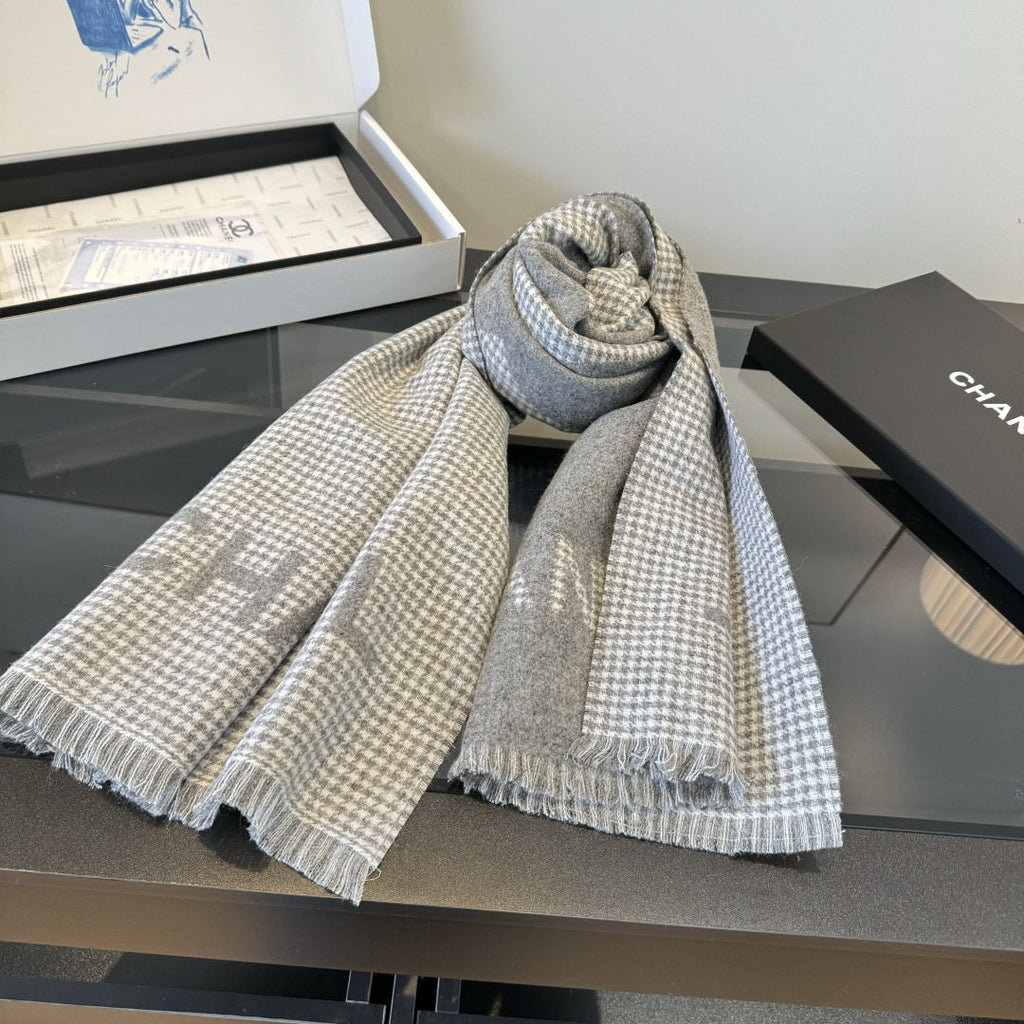 Chanel Two-Tone Houndstooth Fringe Scarf — front