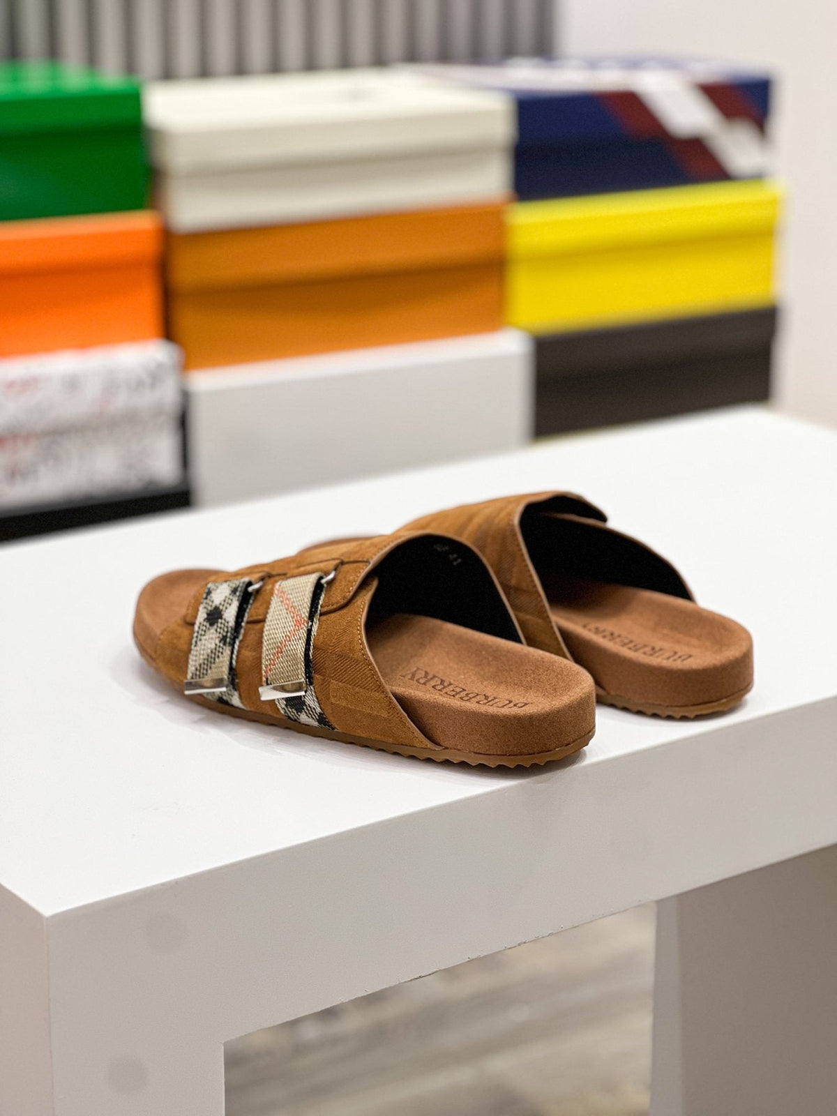 Burberry Navy Check Buckle Slide Sandals — model