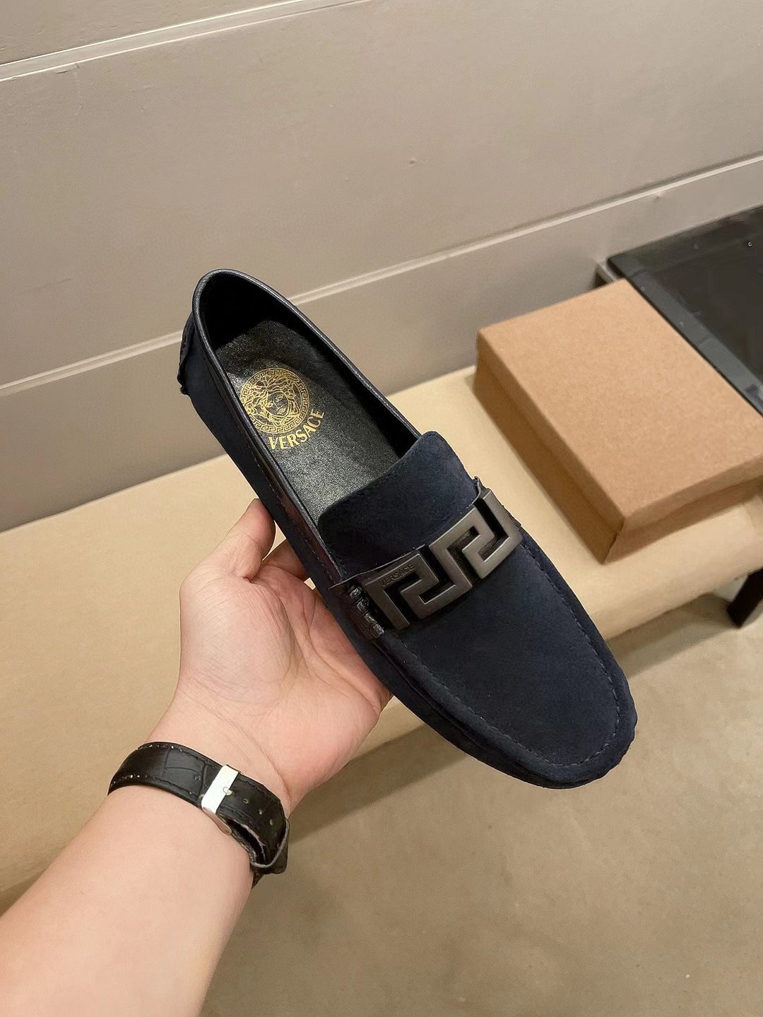 Versace Geometric Buckle Loafers — front