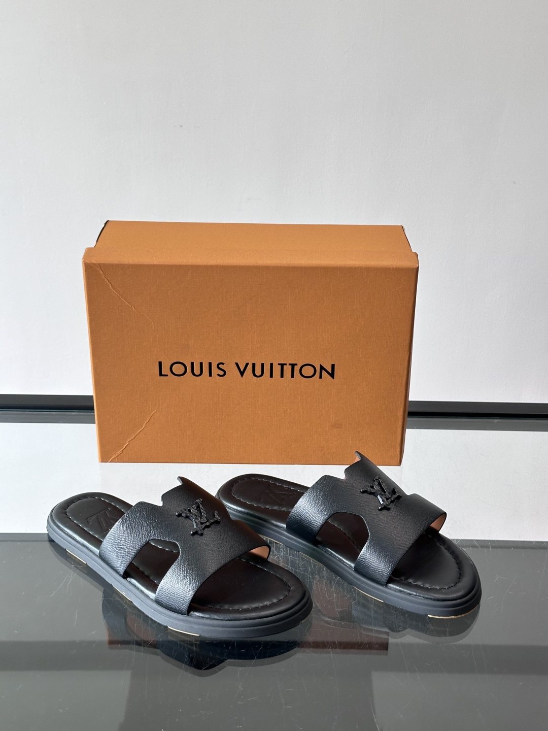 Louis Vuitton Navy Blue Slide Sandals — front