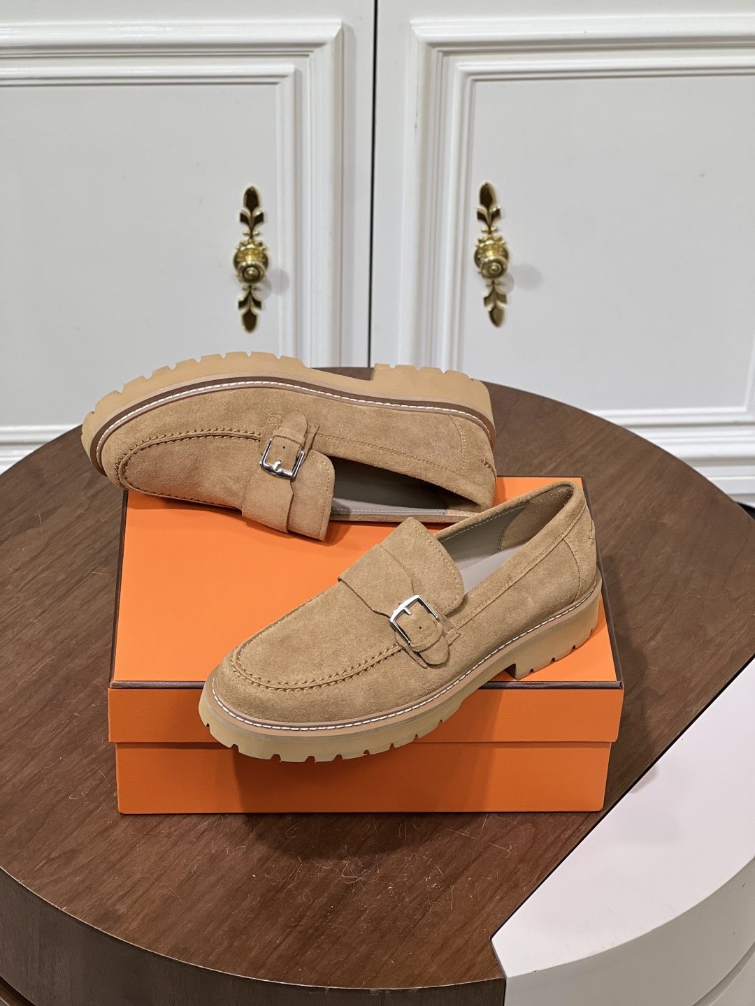 Hermès Men's Metal-Bar Lug Sole Loafers — front