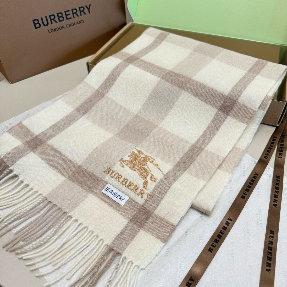 Burberry Pink Plaid Fringed Scarf — front