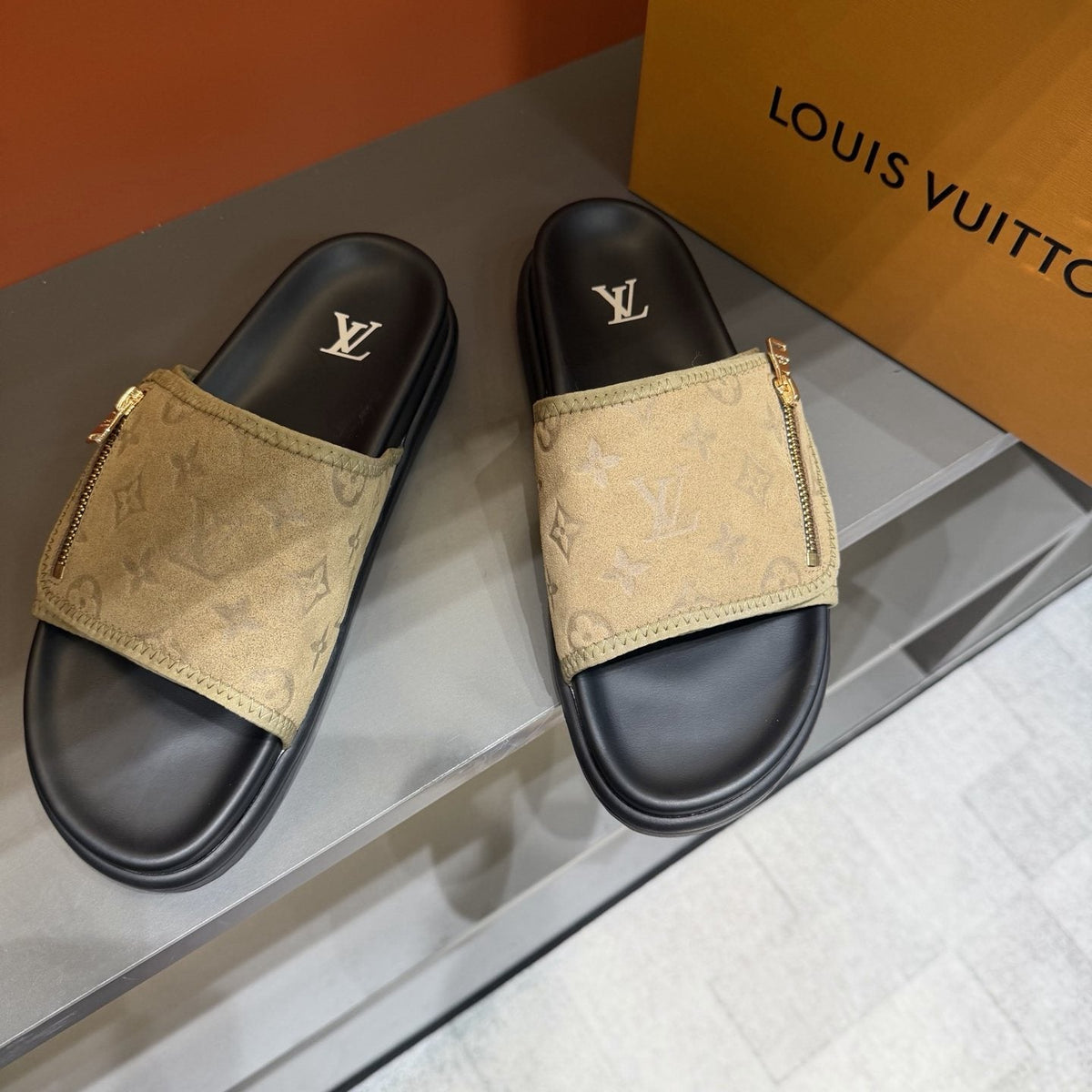 Louis Vuitton Beige and Black Slide Sandals — front