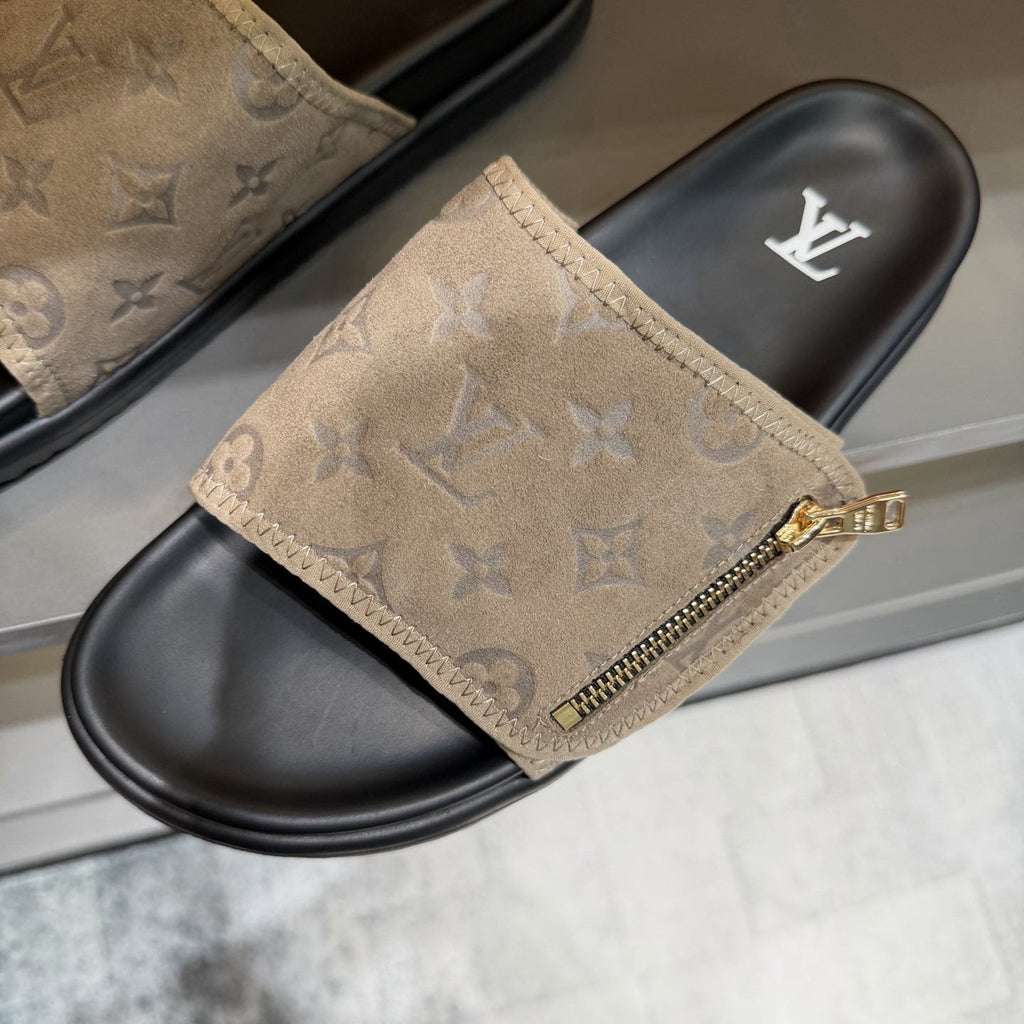 Louis Vuitton Beige and Black Slide Sandals — detail