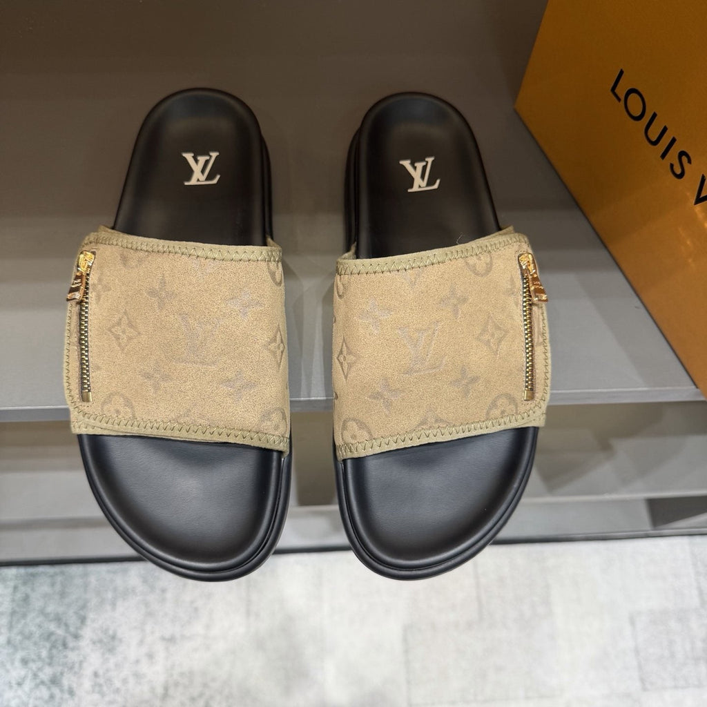 Louis Vuitton Beige and Black Slide Sandals — front