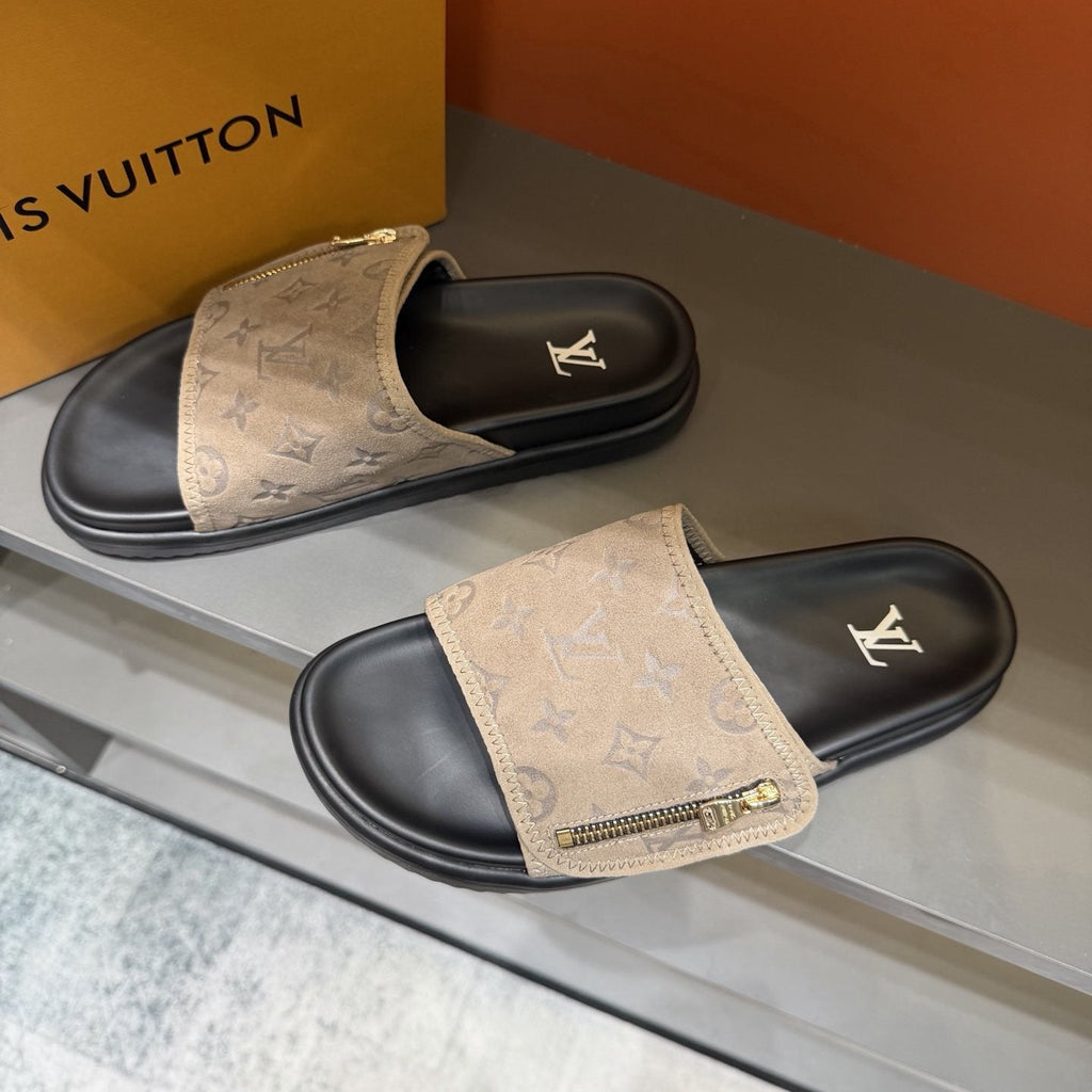 Louis Vuitton Beige and Black Slide Sandals — front