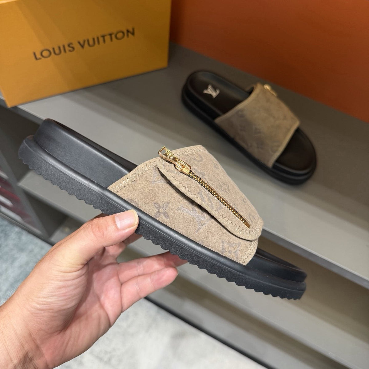 Louis Vuitton Beige and Black Slide Sandals — side