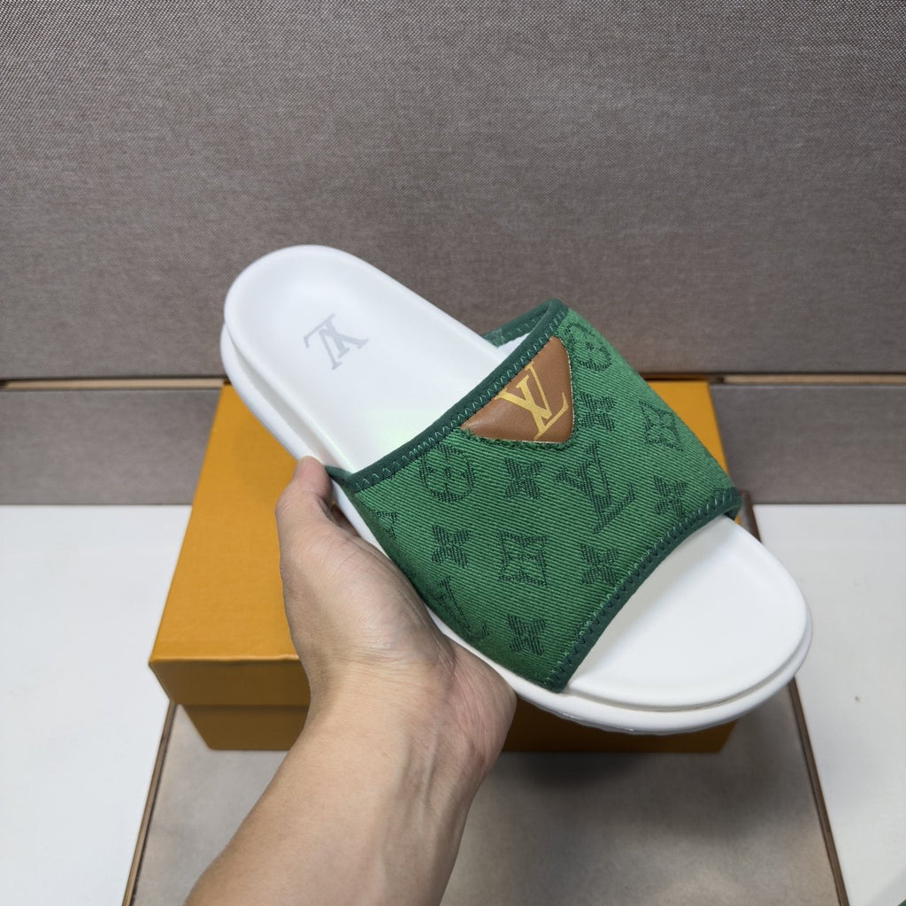 Louis Vuitton Navy Patterned Slide Sandals — model