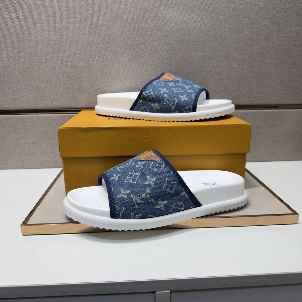 Louis Vuitton Navy Patterned Slide Sandals — hero