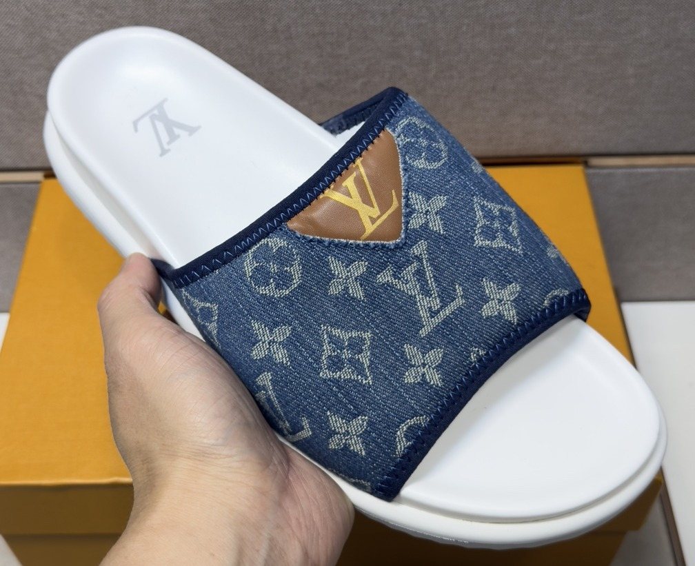 Louis Vuitton Navy Patterned Slide Sandals — front